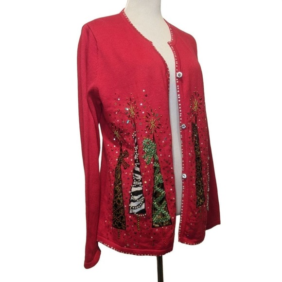 Jack B Quick Christmas Cardigan Trees Embellished Mixed Media Animal Print Large - Picture 1 of 11